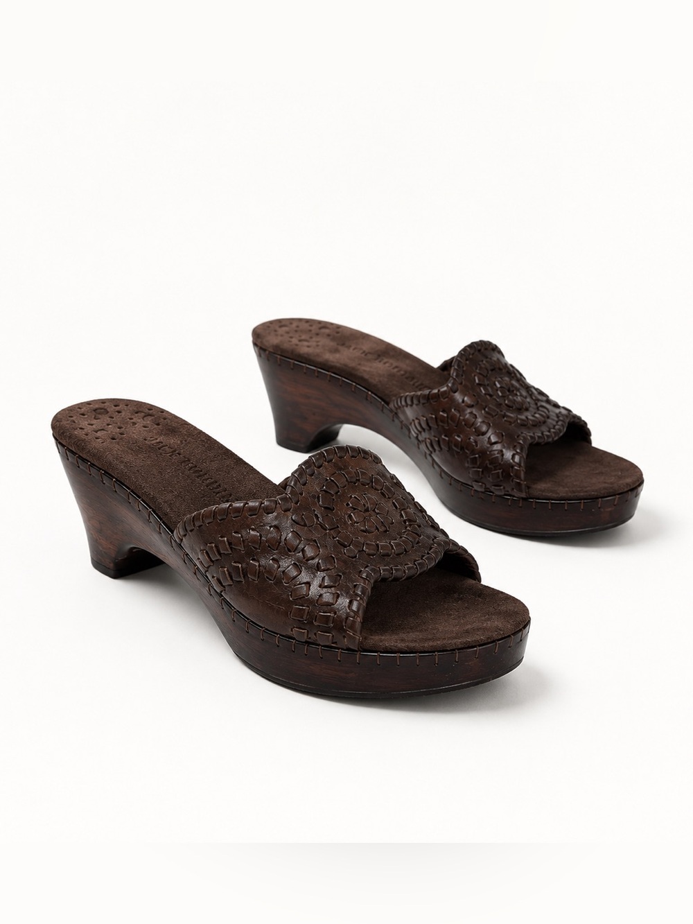 Jack Rogers Palmer Brown Leather Whipstitch Platform Wedge Sandals Size 7.5